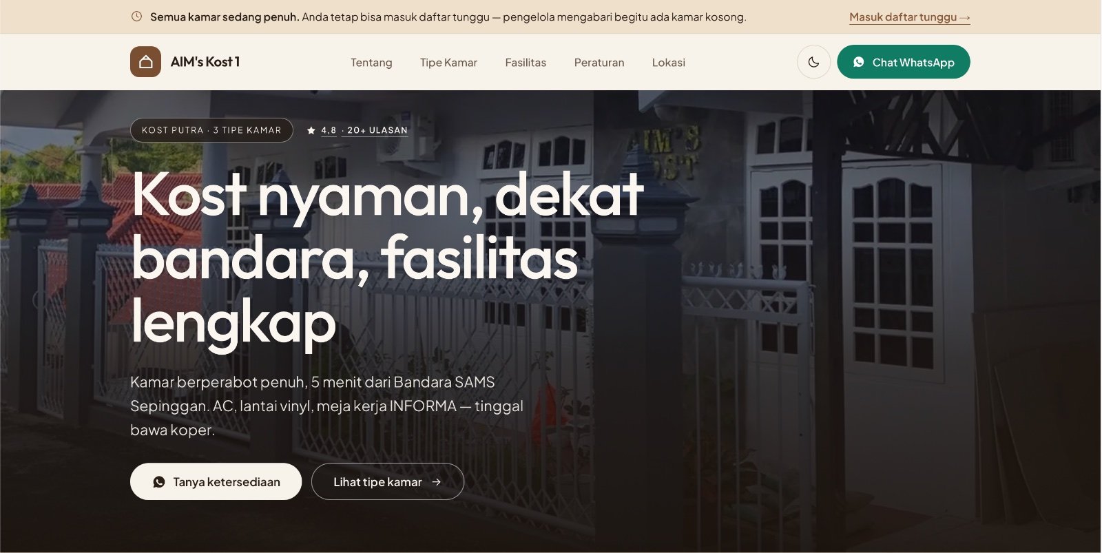 Tampilan website AIM's Kost